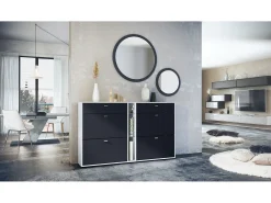 Conjunto de guardarropa Florence con zapatero y 2 espejos de pared, Hecho en ALEMANIA, blanco mate/negro mate