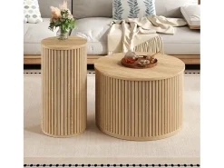 Conjunto de mesa de centro - Tablero redondo - Diseño de rayas verticales - MDF - Natural