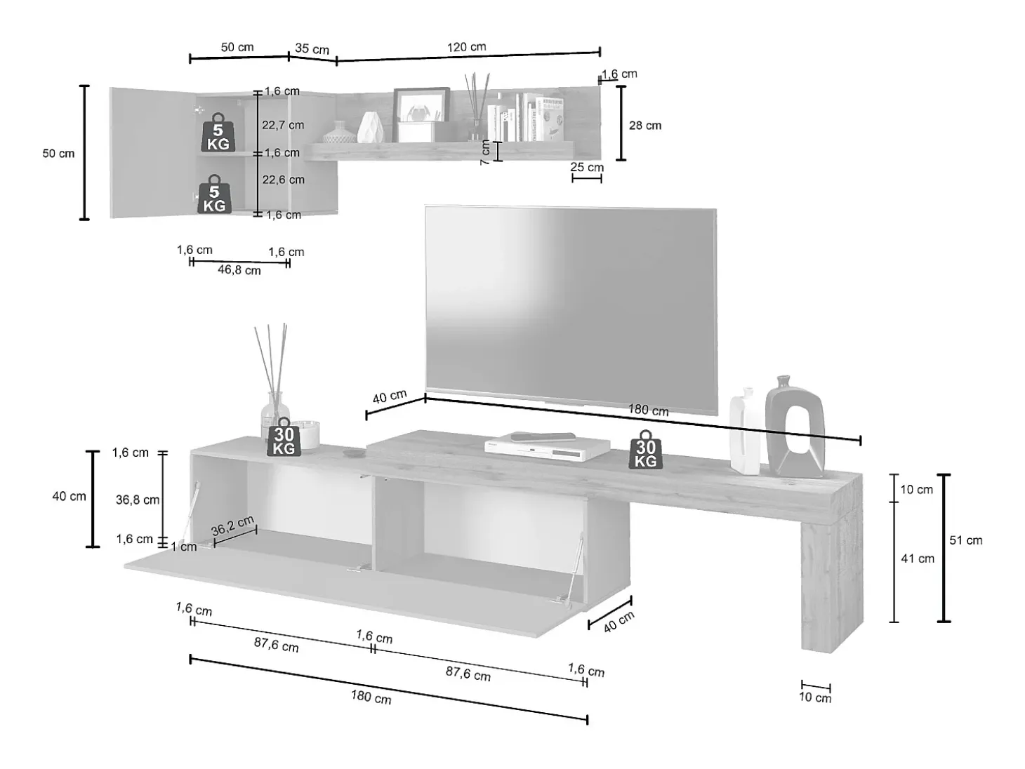 Conjunto de mueble de TV Chronos en antracita mate y roble 190/350x40 cm