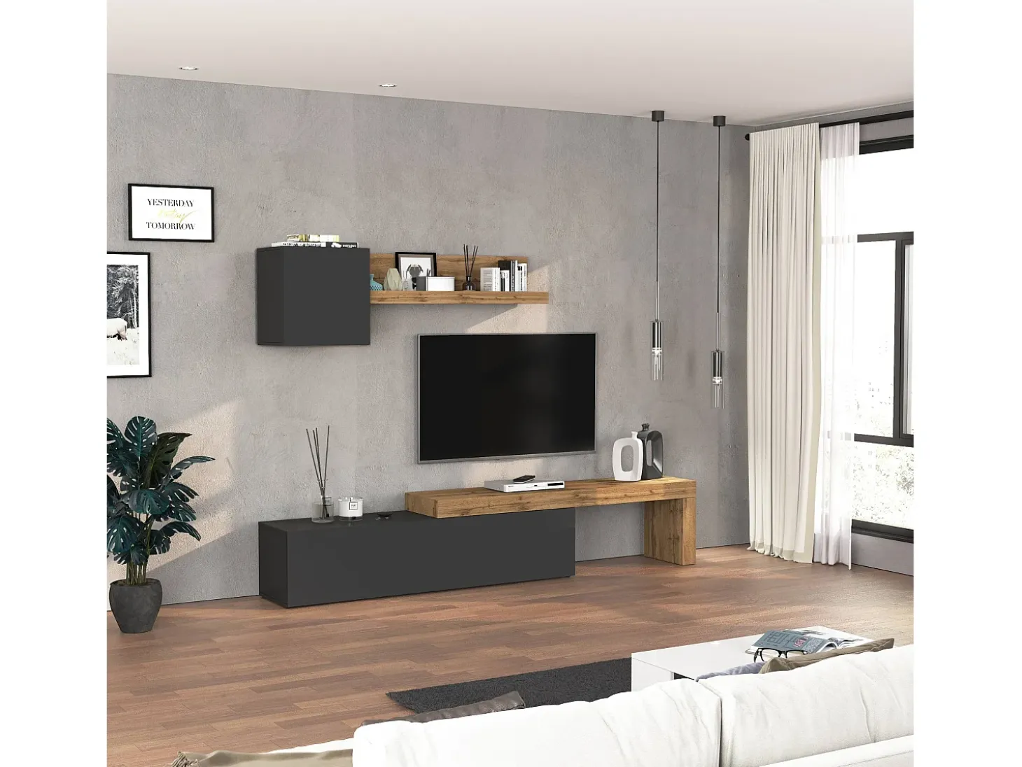 Conjunto de mueble de TV Chronos en antracita mate y roble 190/350x40 cm