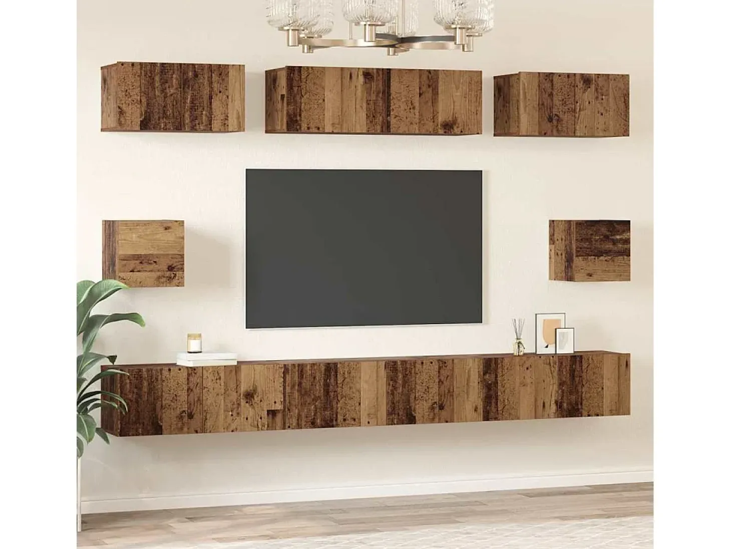 Conjunto de mueble de TV de 8 piezas, madera antigua, madera de ingeniería