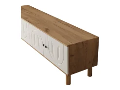 Conjunto de mueble TV mural de 3 piezas - Mueble TV, vitrina y estante - 5 puertas - Patas de madera maciza - Blanco + natural