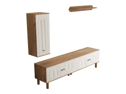 Conjunto de mueble TV mural de 3 piezas - Mueble TV, vitrina y estante - 5 puertas - Patas de madera maciza - Blanco + natural