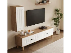 Conjunto de mueble TV mural de 3 piezas - Mueble TV, vitrina y estante - 5 puertas - Patas de madera maciza - Blanco + natural