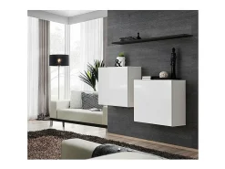 Conjunto de muebles de salón SWITCH SBI diseño, color blanco brillante y estantería negra.