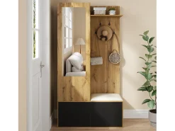 Conjunto de recibidor con 5 ganchos, espejo, zapatero y banco, MDF, negro y natural (100 x 38 x 191 cm)