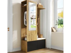 Conjunto de recibidor con 5 ganchos, espejo, zapatero y banco, MDF, negro y natural (100 x 38 x 191 cm)