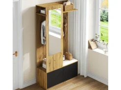 Conjunto de recibidor con 5 ganchos, espejo, zapatero y banco, MDF, negro y natural (100 x 38 x 191 cm)