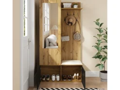 Conjunto de recibidor con 5 ganchos, espejo, zapatero y banco, MDF, negro y natural (100 x 38 x 191 cm)