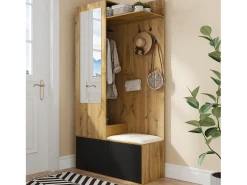 Conjunto de recibidor con 5 ganchos, espejo, zapatero y banco, MDF, negro y natural (100 x 38 x 191 cm)