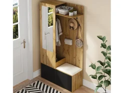Conjunto de recibidor con 5 ganchos, espejo, zapatero y banco, MDF, negro y natural (100 x 38 x 191 cm)
