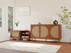 Conjunto de recibidor de ratán, cómoda y zapatero, MDF, nogal (147,5 x 50,2 x 12 cm)