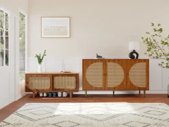 Conjunto de recibidor de ratán, cómoda y zapatero, MDF, nogal (147,5 x 50,2 x 12 cm)