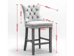 Conjunto de taburetes de bar con detalles remachados y patas de madera, tapizado con tachuelas cromadas, terciopelo, gris