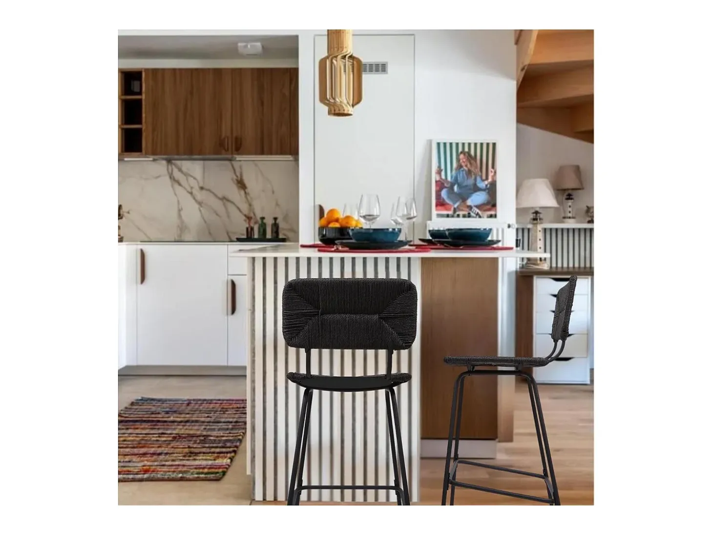 Conjunto de taburetes de bar e isla de metal con asiento de ratán 65cm TIDRA