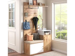 Conjunto de vestidor con espejo, banco y zapatero, diseño escandinavo, MDF y tablero de partículas, (105x40x190,5 cm)