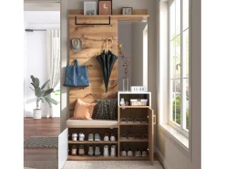 Conjunto de vestidor con espejo, banco y zapatero, diseño escandinavo, MDF y tablero de partículas, (105x40x190,5 cm)