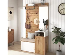 Conjunto de vestidor con espejo, banco y zapatero, diseño escandinavo, MDF y tablero de partículas, (105x40x190,5 cm)