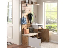 Conjunto de vestidor con espejo, banco y zapatero, diseño escandinavo, MDF y tablero de partículas, (105x40x190,5 cm)
