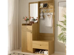 Conjunto de vestidor de entrada 105x38x180 cm - con espejo - con ganchos ajustables - 2 cajones y 1 puerta - Natural