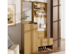 Conjunto de vestidor de entrada 105x38x180 cm - con espejo - con ganchos ajustables - 2 cajones y 1 puerta - Natural