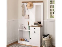 Conjunto de vestidor de entrada 110.5x38x191 cm - con espejo y ganchos - 2 cajones y 1 puerta - con paragüero - Blanco