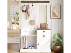Conjunto de vestidor de entrada 110.5x38x191 cm - con espejo y ganchos - 2 cajones y 1 puerta - con paragüero - Blanco