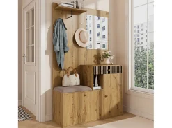 Conjunto de vestidor de entrada 110x37x185,5 cm - con espejo y ganchos - Mueble para zapatos y banco para calzado - Natural