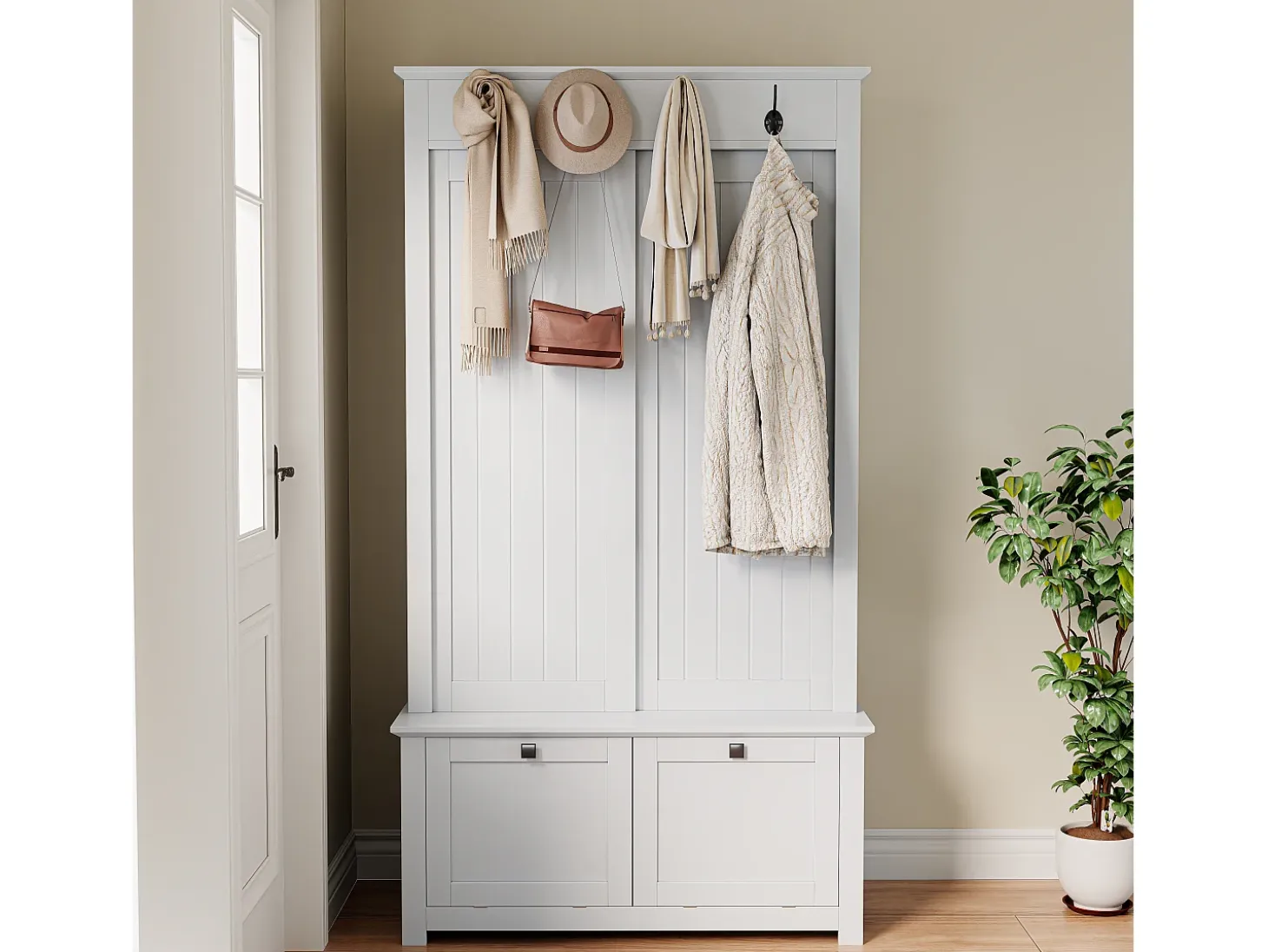 Conjunto de vestidor de entrada 100x50x180 cm - Mueble para zapatos - con ganchos - MDF - Blanco