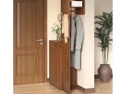 Conjunto de vestidor de entrada moderno - Zapatero + Perchero - Con barra y ganchos - MDF - Color nogal​ (Requiere taladro)