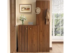 Conjunto de vestidor de entrada moderno - Zapatero + Perchero - Con barra y ganchos - MDF - Color nogal​ (Requiere taladro)