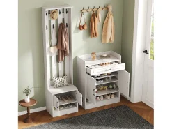 Conjunto de vestidor de entrada - 1 perchero y 1 mueble para zapatos - con 8 ganchos - Blanco