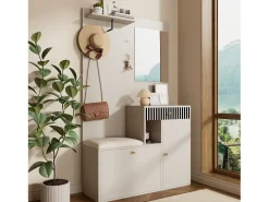 Conjunto de vestidor de entrada 110x37x185,5 cm - con espejo y ganchos - Mueble para zapatos y banco para calzado - Beige
