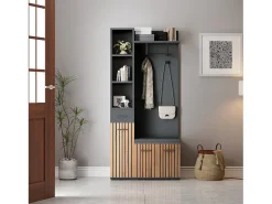 Conjunto de vestidor de entrada 80×35×175 cm - 1 cajón y 3 puertas - con banco y mueble para zapatos - 2 ganchos - Negro + natural