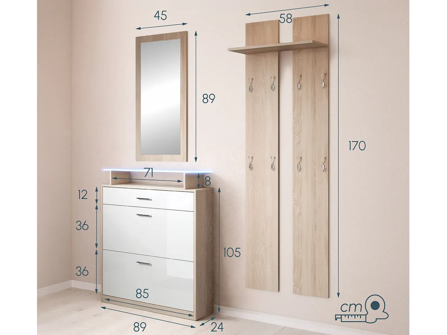 Conjunto recibidor para Entrada Pasillo en Sonoma y Blanco con LED 105x24x89cm Paola