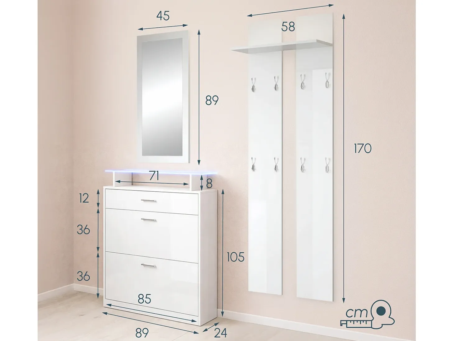 Conjunto recibidor para Entrada Pasillo en Blanco con LED 105x24x89cm Paola