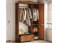 Conjunto vestidor de entrada - 115,5x38,5x194,5 cm - con espejo y tendedero abierto - 1 cajón y 2 puertas - MDF - Color nogal
