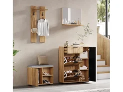 Conjunto vestidor de entrada 4 piezas - mueble de zapatos y banco de zapatos - espejo y perchero - Natural + Negro