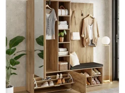 Conjunto vestidor de entrada 160x38x180cm - con 3 puertas y compartimentos de almacenamiento - con espejo y mueble para zapatos - con gancho - Natural