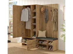 Conjunto vestidor de entrada 160x38x180cm - con 3 puertas y compartimentos de almacenamiento - con espejo y mueble para zapatos - con gancho - Natural