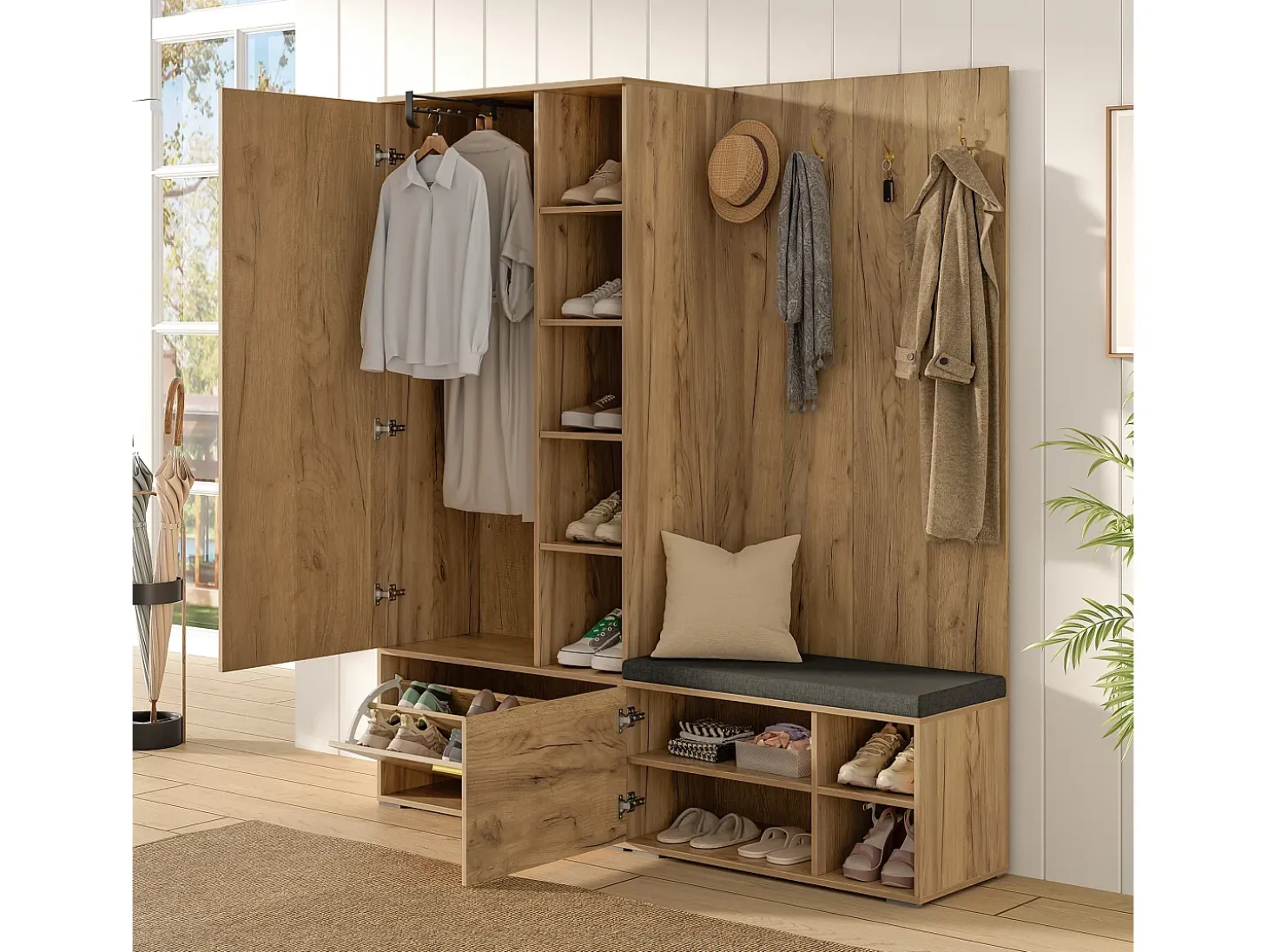 Conjunto vestidor de entrada 160x38x180cm - con 3 puertas y compartimentos de almacenamiento - con espejo y mueble para zapatos - con gancho - Natural