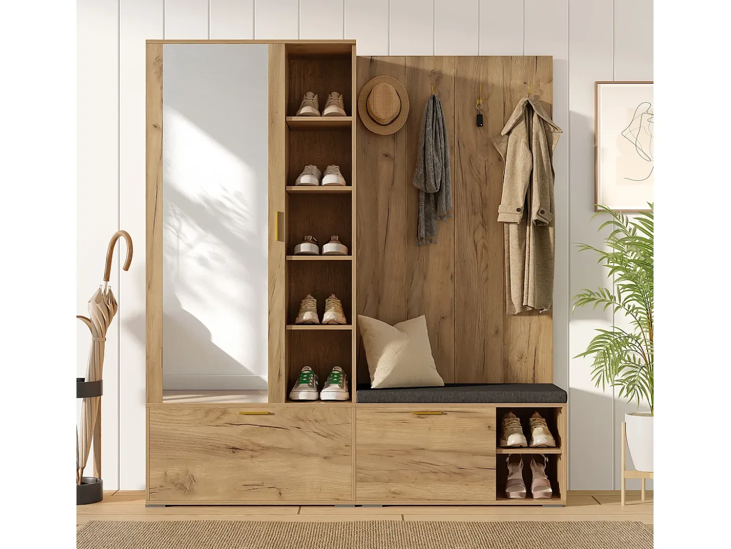 Conjunto vestidor de entrada 160x38x180cm - con 3 puertas y compartimentos de almacenamiento - con espejo y mueble para zapatos - con gancho - Natural