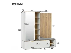 Conjunto vestidor de entrada 160x38x180cm - con 3 puertas y compartimentos de almacenamiento - con espejo y mueble para zapatos - con gancho - Natural + Blanco