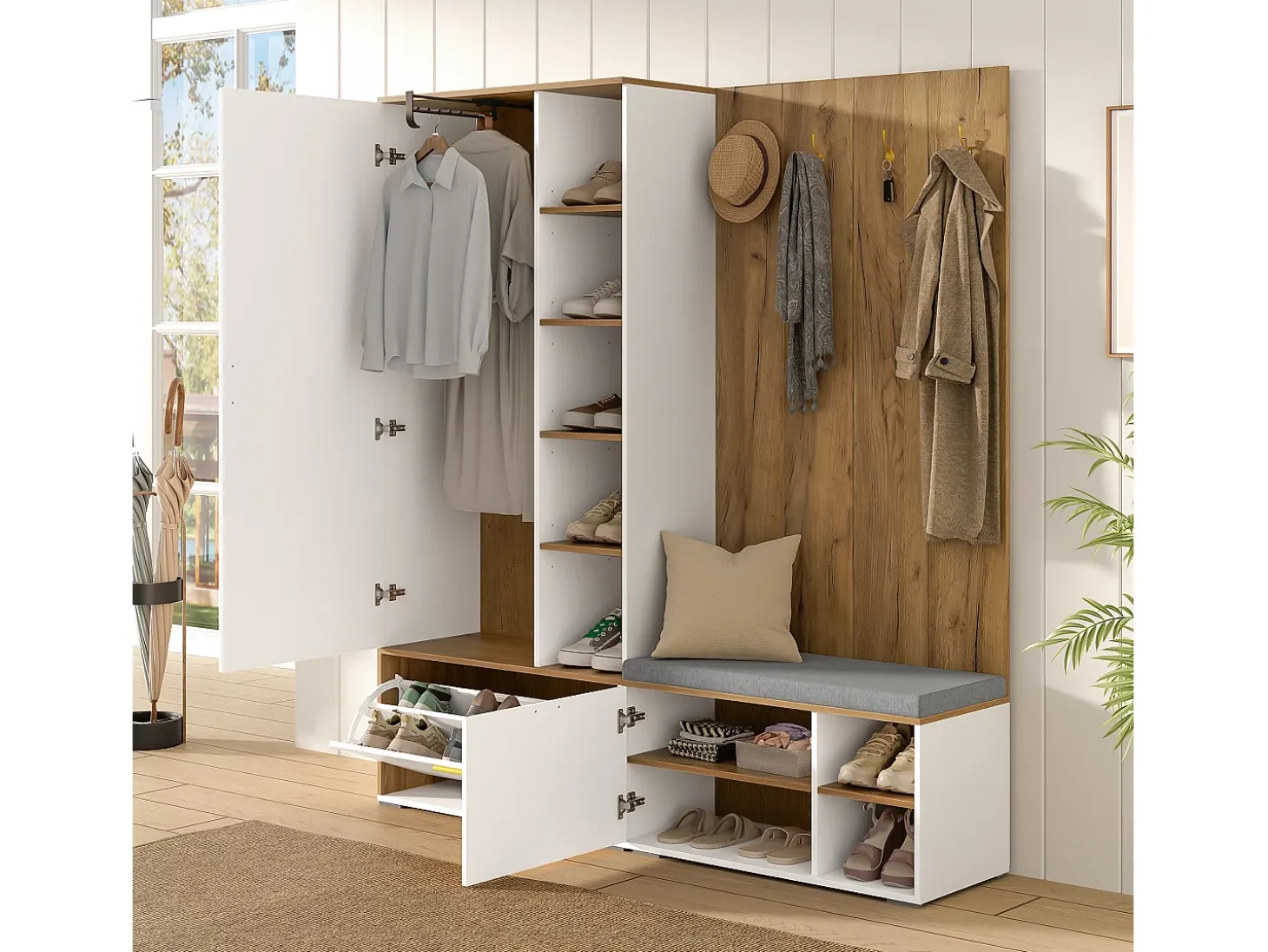 Conjunto vestidor de entrada 160x38x180cm - con 3 puertas y compartimentos de almacenamiento - con espejo y mueble para zapatos - con gancho - Natural + Blanco