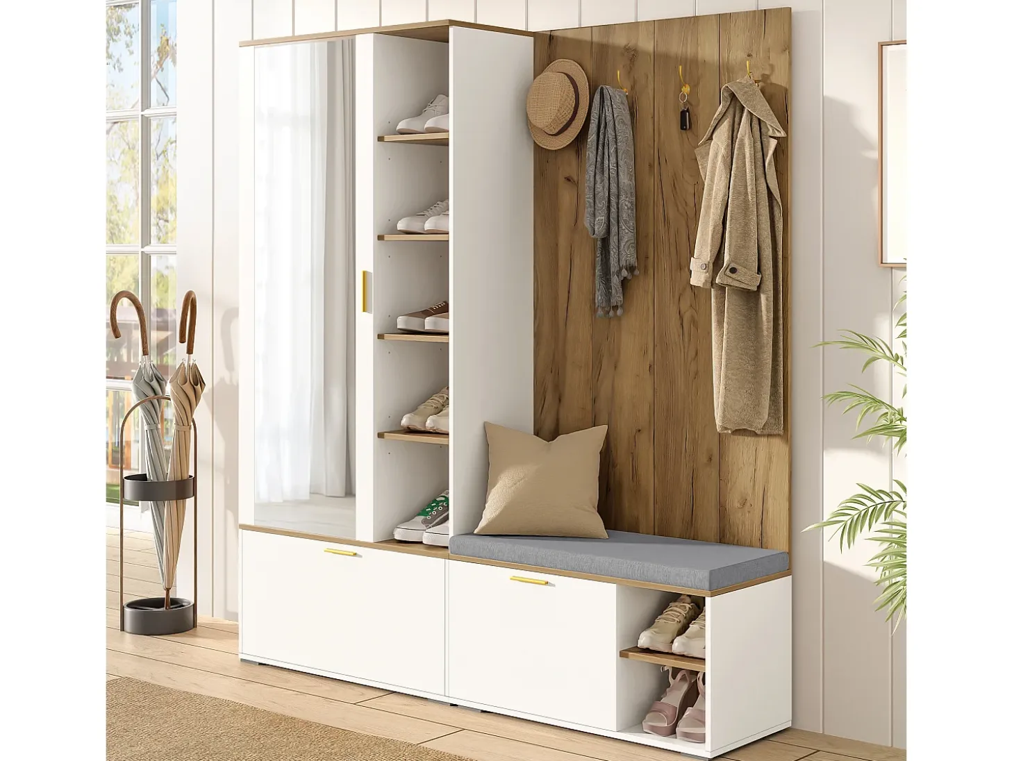 Conjunto vestidor de entrada 160x38x180cm - con 3 puertas y compartimentos de almacenamiento - con espejo y mueble para zapatos - con gancho - Natural + Blanco