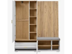 Conjunto vestidor de entrada 160x38x180cm - con 3 puertas y compartimentos de almacenamiento - con espejo y mueble para zapatos - con gancho - Natural + Blanco