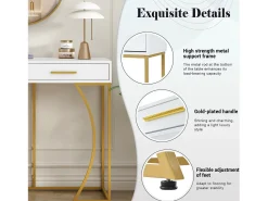 Consola con 2 cajones, elegante diseño en metal y MDF, blanco y dorado (120x38x76 cm)