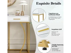 Consola con 2 cajones, elegante diseño en metal y MDF, blanco y dorado (120x38x76 cm)