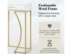 Consola con 2 cajones, elegante diseño en metal y MDF, blanco y dorado (120x38x76 cm)