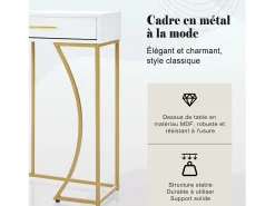Consola con 2 cajones, elegante diseño en metal y MDF, blanco y dorado (120x38x76 cm)